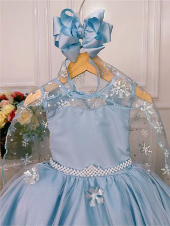 VESTIDO INFANTIL FROZEN AZUL PRINCESAS COM CAPA LUXO