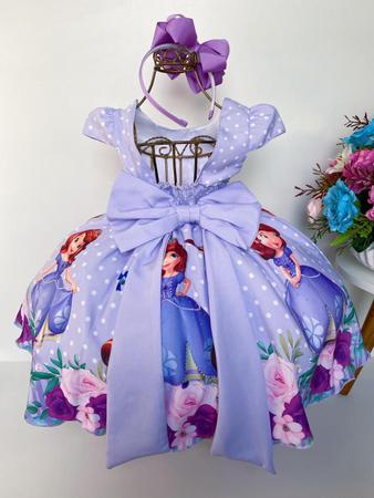 VESTIDO INFANTIL LILÁS BOLINHAS PRINCESA SOFIA CINTO PÉROLAS