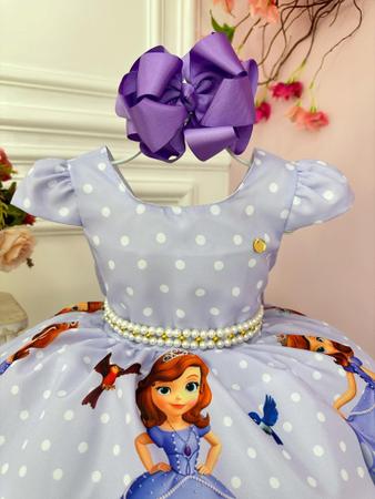 Imagem de Vestido Infantil Lilás Bolinhas Princesa Sofia Cinto Pérolas