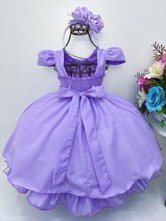 VESTIDO INFANTIL LILÁS C/ CINTO DE PÉROLAS CASAMENTO LUXO