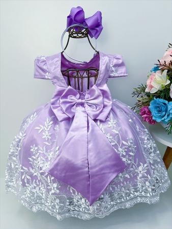 VESTIDO INFANTIL LILÁS C/ CINTO DE PÉROLAS CASAMENTO LUXO