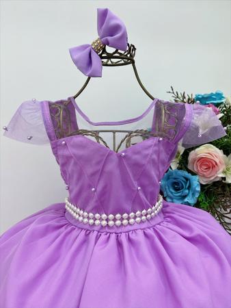 Vestido Infantil Princesa Sofia Lilás C/ Cinto De Pérolas