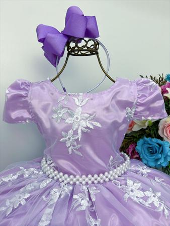 VESTIDO INFANTIL REALEZA LILÁS RENDA PÉROLAS PRINCESA LUXO