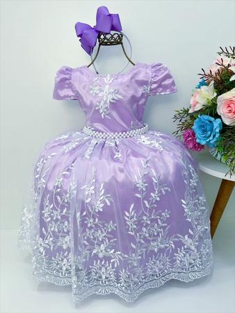 Vestido Infantil Lilás Princesa Sofia Realeza Luxo + Tiara