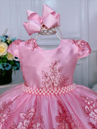 Vestido Infantil Rosa C/ Renda Strass e Pérolas Princesas