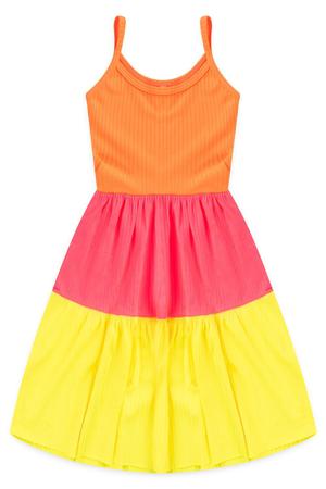 Vestido Infantil Menina Tricolor LARANJA - ROSA - AMARELO - RAGA KIDS Imagem de Vestido Infantil Menina Tricolor LARANJA - ROSA - AMARELO