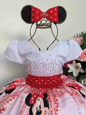 Imagem de Vestido Infantil Minnie Vermelha Luxo Cinto de Pérolas