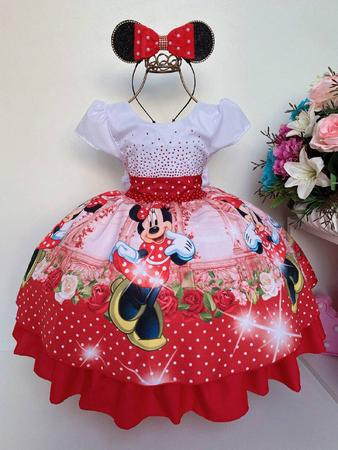 Imagem de Vestido Infantil Minnie Vermelha Luxo Cinto de Pérolas