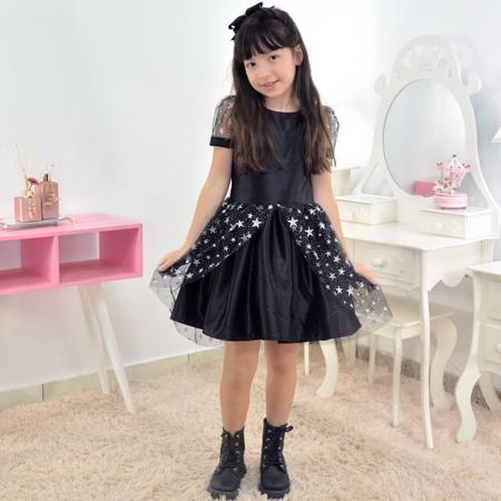 Vestido Infantil Preto com Tule sobre a Saia - Meninas 1 a 10 anos - Preto