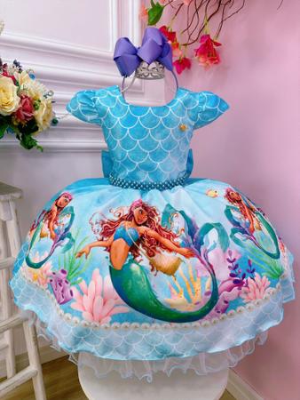 Vestido Infantil Princesa Ariel Sereia Peito Escamas Filme Super