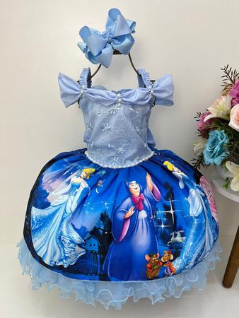 Vestido Infantil Fantasia Princesa Azul Cinderela Cristal