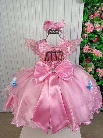 Vestido infantil Princesa Jardim Encantado Rosa c/ borboleta