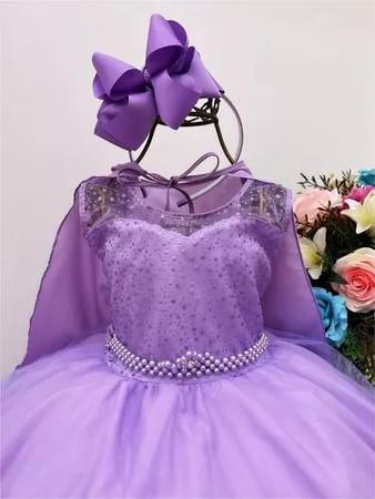Imagem de Vestido Infantil Princesa Rapunzel Sofia Roxo Lilás Com Capa Sem Laço