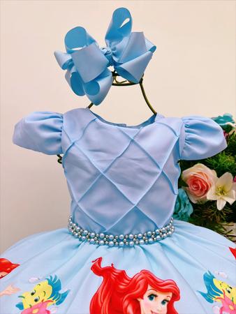 VESTIDO INFANTIL PRINCESA ARIEL PÉROLAS RENDA BRILHO