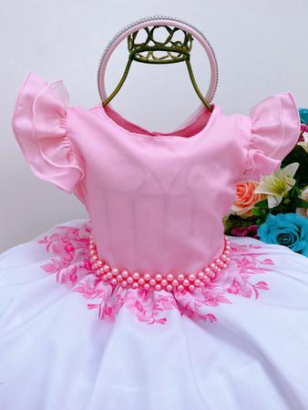 VESTIDO INFANTIL ROSA FLORAL PRINCESA LUXO FESTA ANIVERSÁRIO