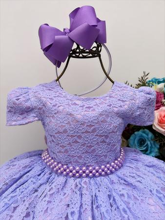 VESTIDO INFANTIL REALEZA LILÁS RENDA PÉROLAS PRINCESA LUXO