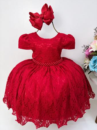 Vestido Infantil Vermelho Realeza Renda Luxo Festa Princesa - Rosa