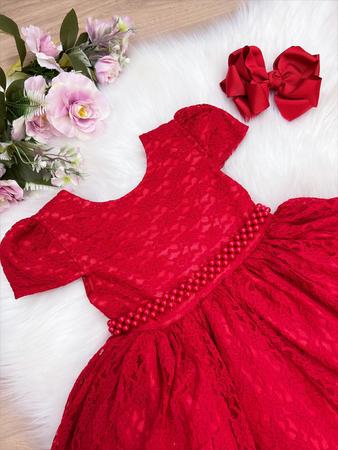 Vestido Infantil Vermelho Realeza Renda Princesa Luxo Festa - Rosa