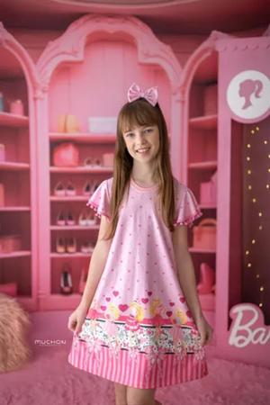 Vestido Infantil Princesa Barbie Rosa Com Aplique de Laço