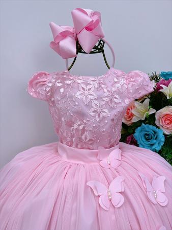 Vestido Infantil Rosa C/ Renda de Borboletas Dama Princesas