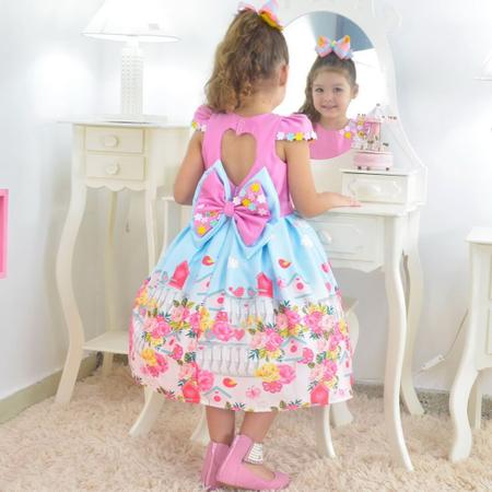 Imagem de Vestido Infantil Rosa com Saia Azul Floral e Pássaros - 6m a 10 Anos