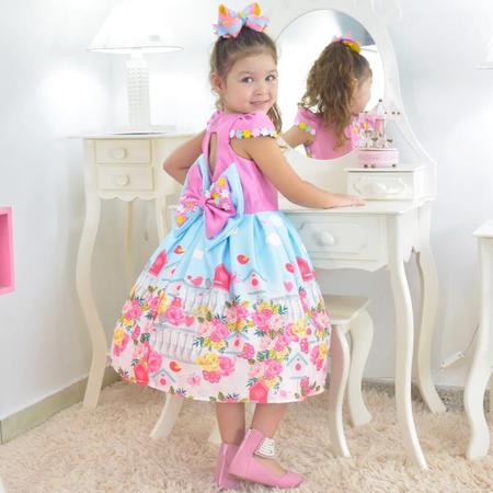 Imagem de Vestido Infantil Rosa com Saia Azul Floral e Pássaros - 6m a 10 Anos