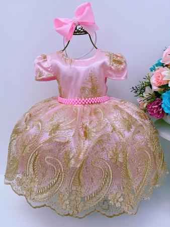 Vestido Infantil Rosa Dourado Realeza Princesa