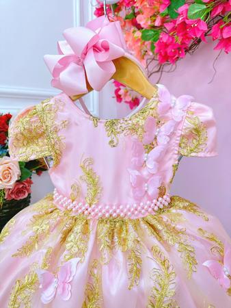 Vestido Infantil Rosa Dourado Realeza Princesa