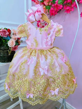 Vestido Infantil Rosa Dourado Realeza Princesa