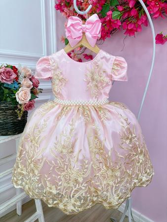 Vestido Infantil Rosa Dourado Realeza Princesa