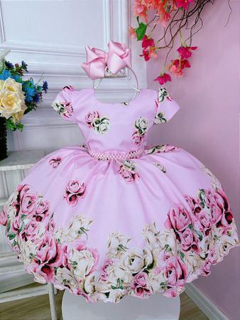 Vestido Infantil Princesas Rosa Cinto de Pérolas e Laço - Fabuloso Ateliê