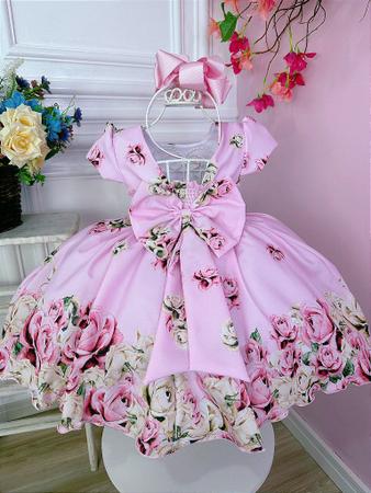 Vestido Infantil Princesas Rosa Cinto de Pérolas e Laço - Fabuloso Ateliê