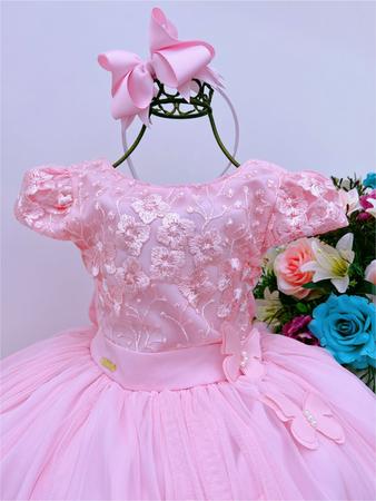 Vestido Infantil Rosa C/ Renda de Borboletas Dama Princesas