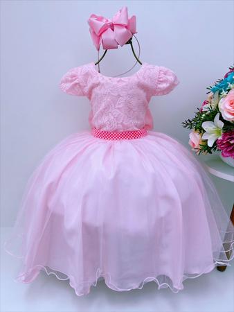 Vestido infantil rosa renda saia voal cinto p rolas luxo Lele