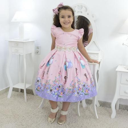 Vestido infantil rosa tema Bailarina com balões no jardim