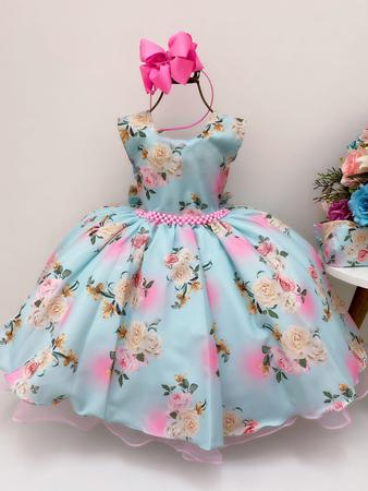 VESTIDO INFANTIL AZUL FLORES LUXO PRINCESA FESTA PÉROLAS