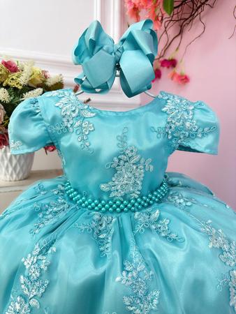 Imagem de Vestido Infantil Verde Tiffany Com Renda Realeza e Pérolas Luxo Festa 