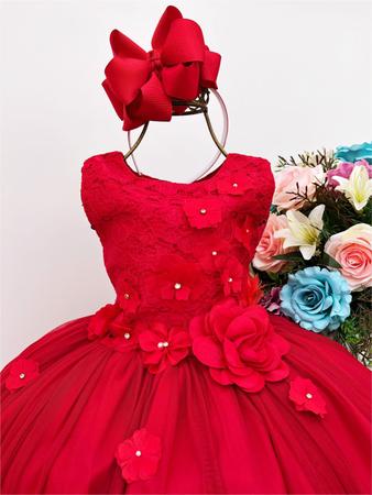 Requintado vestido vermelho princesa flor, apliques vestido de