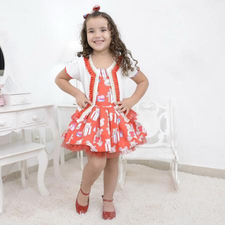 Imagem de Vestido infantil vermelho com bolero tema ursos e laço para cabelo