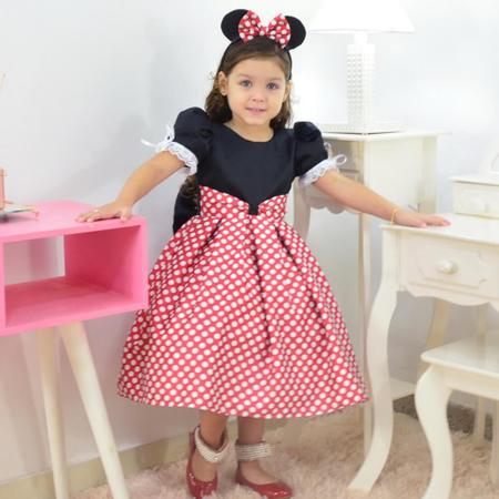 Vestido Infantil Vermelho e Preto Estilo Minnie Po Branco