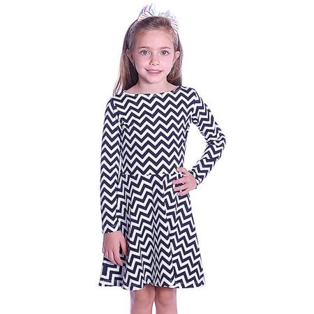 Vestido Infantil Zig Zag Preto e Branco Manga Longa Decote Canoa