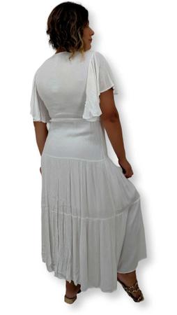 Imagem de Vestido Longo Branco Renda Manga Curta Crepe Decote V 7027