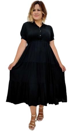 Vestido Longo Crepe Indiano Liso Manga Curta bot o Plus Size