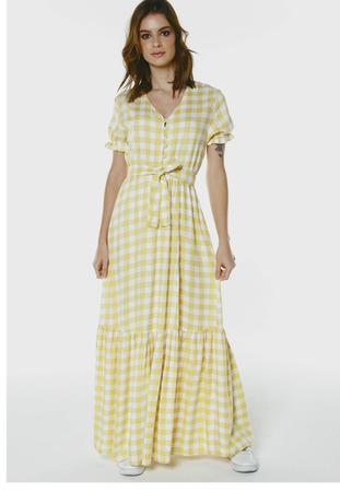 Vestido Longo Estampado Xadrez Vichy Rodado em Viscose Sob Branco e -  Amarelo