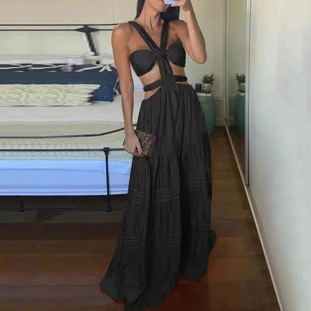 Imagem de Vestido Longo Feminino Sem Mangas - Renda, Plissado e Decote em O - Ideal para Praia e Festa