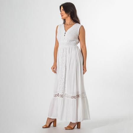 Imagem de Vestido Longo Indiano Branco Lese Regata Decote V Algodão