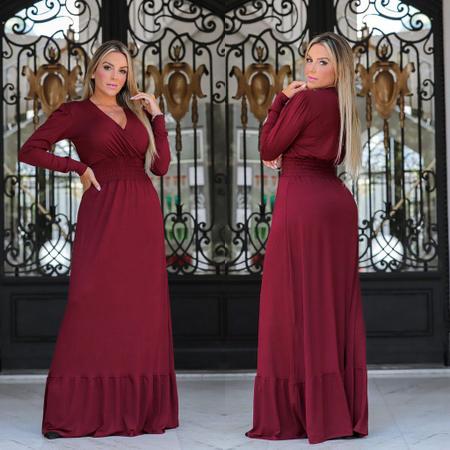 Vestido Longo Manga Longa Decote em V Lastex na Cintura