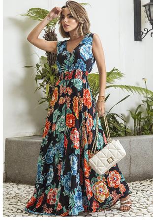 Vestido Longo Preto Estampado Floral Rodado com Botões Sob - Vestido  Feminino - Magazine Luiza