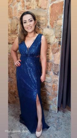 Vestido longo tido de paet azul marinho G. Alilah Modas