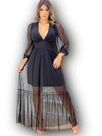 Imagem de Vestido Longo Tule Preto Elegante Manga Princesa Evangélica